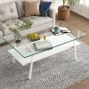 Rectangle Coffee Table, Tempered Glass Tabletop with White Metal Legs, Modern Table for Living Room , Transparent Glass - as Pic