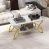 2-Tier Faux Marble Coffee Table with Marble Top and Metal Frame - White