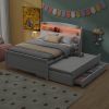 Full Size Platform Bed with Storage LED Headboard, Twin Size Trundle and 3 Drawers, White - as Pic