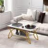 2-Tier Faux Marble Coffee Table with Marble Top and Metal Frame - White