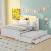 Full Size Platform Bed with Storage LED Headboard, Twin Size Trundle and 3 Drawers, White - as Pic