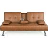 LuxuryGoods Modern Faux Leather Futon with Cupholders and Pillows - Brown