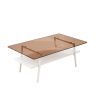 Rectangle Coffee Table, Tempered Glass Tabletop with White Metal Legs, Modern Table for Living Room , Brown Glass - as Pic