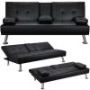 LuxuryGoods Modern Faux Leather Futon with Cupholders and Pillows - Black