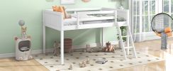 Twin Size Wood Low Loft Bed with Ladder, ladder can be placed on the left or right, White - as Pic