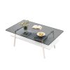 Rectangle Coffee Table, Tempered Glass Tabletop with White Metal Legs, Modern Table for Living Room , Gray Glass - as Pic