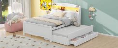 Full Size Platform Bed with Storage LED Headboard, Twin Size Trundle and 3 Drawers, White - as Pic