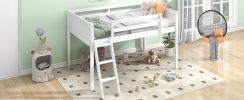 Twin Size Wood Low Loft Bed with Ladder, ladder can be placed on the left or right, White - as Pic