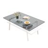 Rectangle Coffee Table, Tempered Glass Tabletop with White Metal Legs, Modern Table for Living Room , Gray Glass - as Pic