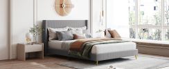 Queen Size Corduroy Platform Bed with Metal Legs - Gray