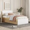 Modern Twin Bed Frame With 2 Drawers For White High Gloss Headboard and Footboard With Light Oak Color - as Pic