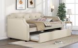 Upholstered Daybed with Trundle, Wood Slat Support,Upholstered Frame Sofa Bed, Twin, Beige - as Pic