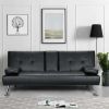 LuxuryGoods Modern Faux Leather Futon with Cupholders and Pillows - Black