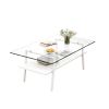 Rectangle Coffee Table, Tempered Glass Tabletop with White Metal Legs, Modern Table for Living Room , Transparent Glass - as Pic