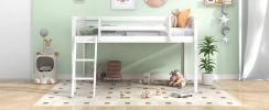 Twin Size Wood Low Loft Bed with Ladder, ladder can be placed on the left or right, White - as Pic