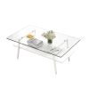 Rectangle Coffee Table, Tempered Glass Tabletop with White Metal Legs, Modern Table for Living Room , Transparent Glass - as Pic