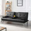 LuxuryGoods Modern Faux Leather Futon with Cupholders and Pillows - Black