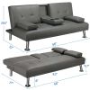 LuxuryGoods Modern Faux Leather Futon with Cupholders and Pillows - Gray