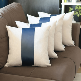 Vegan Faux Leather Detailed Throw Pillow Covers (Color: Navy Blue - Set of 4, size: 17"x17")