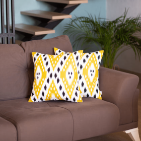 Ikat Set of 2 Square Boho Throw Pillow Covers (Color: Yellow-03, size: 18"x18")