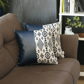 Bohemian Vegan Faux Leather Decorative Throw Pillow Covers Set of 2 (Color: Navy Blue - 02, size: 17"x17")