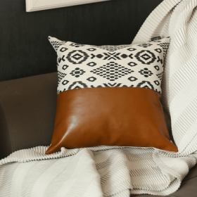 Bohemian Vegan Faux Leather Throw Pillow Covers - Half Ornamented (Color: Brown - 01, size: 20x20)