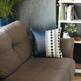 Bohemian Vegan Faux Leather Throw Pillow Covers - Half Ornamented (Color: Navy Blue - 03, size: 17"x17")