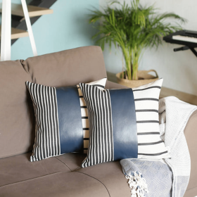 Bohemian Striped Vegan Faux Leather Throw Pillow Covers Set of 2 (Color: Navy blue, size: 20x20)