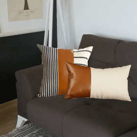 Brown Vegan Faux Leather Throw Pillow Covers (Color: Brown, size: 12"x20")