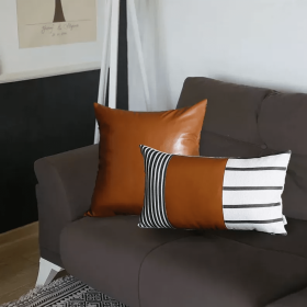 Brown Vegan Faux Leather Throw Pillow Covers (Color: Brown 02 - Set of 2, size: 12"x20"/17"x17")