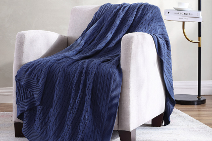 Oak 100% Cotton Cable Knitted 50" x 70" Throw (Color: Navy, size: 50"x70")