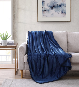 Walnut Flannel Pompom 50" x 70" Throw (Color: Navy, size: 50"x70")