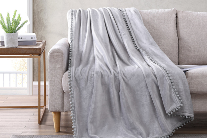 Walnut Flannel Pompom 50" x 70" Throw (Color: Gray, size: 50"x70")