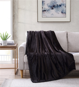 Walnut Flannel Pompom 50" x 70" Throw (Color: Black, size: 50"x70")