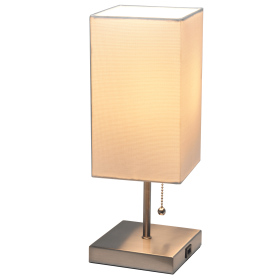 Simple Designs Petite Stick Lamp with USB Charging Port and Fabric Shade (Color: WHITE SHADE/BRUSHED NICKEL BASE)