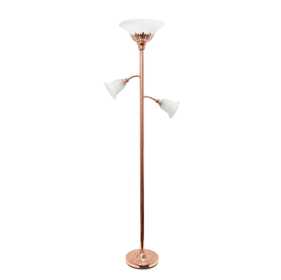 Lalia Home Torchiere Floor Lamp with 2 Reading Lights and Scalloped Glass Shades (Color: Rose Gold/White Shades)