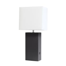 Lalia Home Lexington Leather Base Modern Home Decor Bedside Table Lamp with USB Charging Port (Color: Black, size: 21")