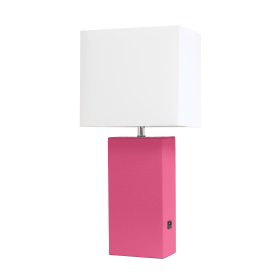 Lalia Home Lexington Leather Base Modern Home Decor Bedside Table Lamp with USB Charging Port (Color: Hot Pink, size: 21")