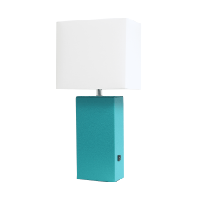 Lalia Home Lexington Leather Base Modern Home Decor Bedside Table Lamp with USB Charging Port (Color: Teal, size: 21")