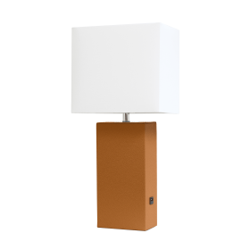 Lalia Home Lexington Leather Base Modern Home Decor Bedside Table Lamp with USB Charging Port (Color: Tan, size: 21")