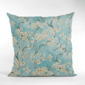 Plutus Azure Garden Cherry Blossoms Printed On A Linen Looking Polyester. Luxury Throw Pillow (Color: Azure, size: Double sided  20" x 20")