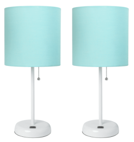 LimeLights Stick Lamp with USB charging port and Fabric Shade 2 Pack Set (Color: White Base/Aqua Shade)