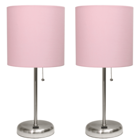 LimeLights Stick Lamp with USB charging port and Fabric Shade 2 Pack Set (Color: Brushed Steel Base/Light Pink Shade)