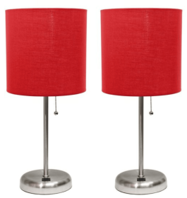 LimeLights Stick Lamp with USB charging port and Fabric Shade 2 Pack Set (Color: Brushed Steel Base/Red Shade)