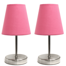 Simple Designs Sand Nickel Mini Basic Table Lamp with Fabric Shade (Set of 2) (Color: Sand Nickel/Pink)