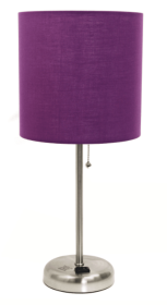 LimeLights Stick Lamp with Charging Outlet and Fabric Shade (Color: Brushed  Steel/Purple)