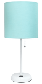 LimeLights Stick Lamp with Charging Outlet and Fabric Shade (Color: White Base/Aqua Shade)