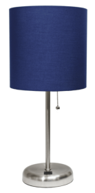 LimeLights Stick Lamp with USB charging port and Fabric Shade (Color: Brushed Steel Base/Navy Shade)