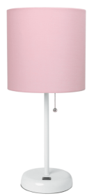 LimeLights Stick Lamp with USB charging port and Fabric Shade (Color: White Base/Light Pink Shade)