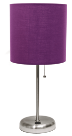 LimeLights Stick Lamp with USB charging port and Fabric Shade (Color: Brushed Steel Base/Purple Shade)